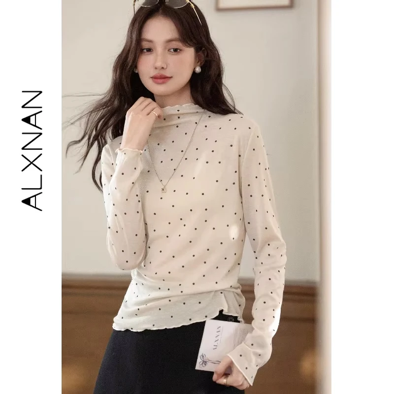 ALXNAN Women's T-shirs Autumn Polka Dot Mock Neck Slim-fit Ruffled Cuff Base Layer Breathable Versatile Casual Clothing L58333
ALXNAN Women's T-shirs Autumn Polka Dot Mock Neck Slim-fit Ruffled Cuff Base Layer Breathable Versatile Casual Clothing L58333