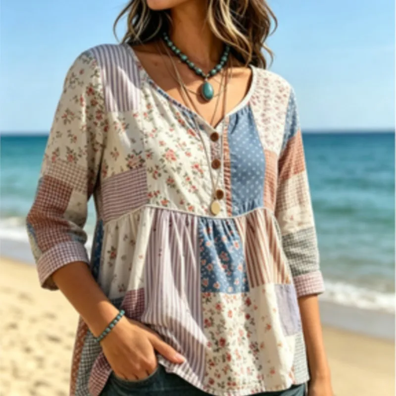 Women's Multi Floral Gingham Patchwork V Neck Button 3/4 Sleeve Country Loose Beach Daily Blouse
Women's Multi Floral Gingham Patchwork V Neck Button 3/4 Sleeve Country Loose Beach Daily Blouse