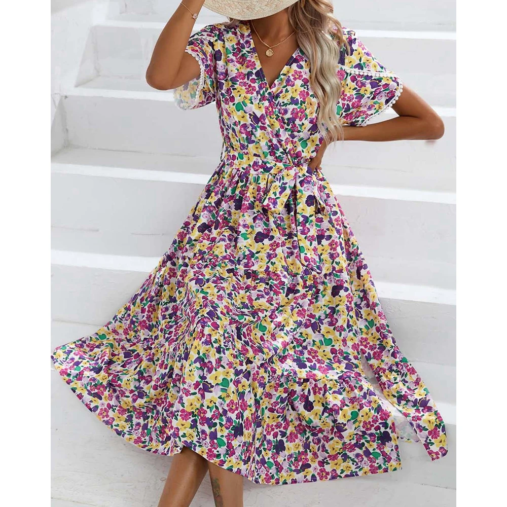 Women Contrast Lace V Neck Floral Print Ruched Party A-Line Summer Short Sleeve Dress With Belt Elegant Evening Wear
Women Contrast Lace V Neck Floral Print Ruched Party A-Line Summer Short Sleeve Dress With Belt Elegant Evening Wear