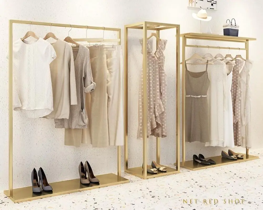 Clothing store display stand golden clothing rack women's clothing store shelf 
Clothing store display stand golden clothing rack women's clothing store shelf