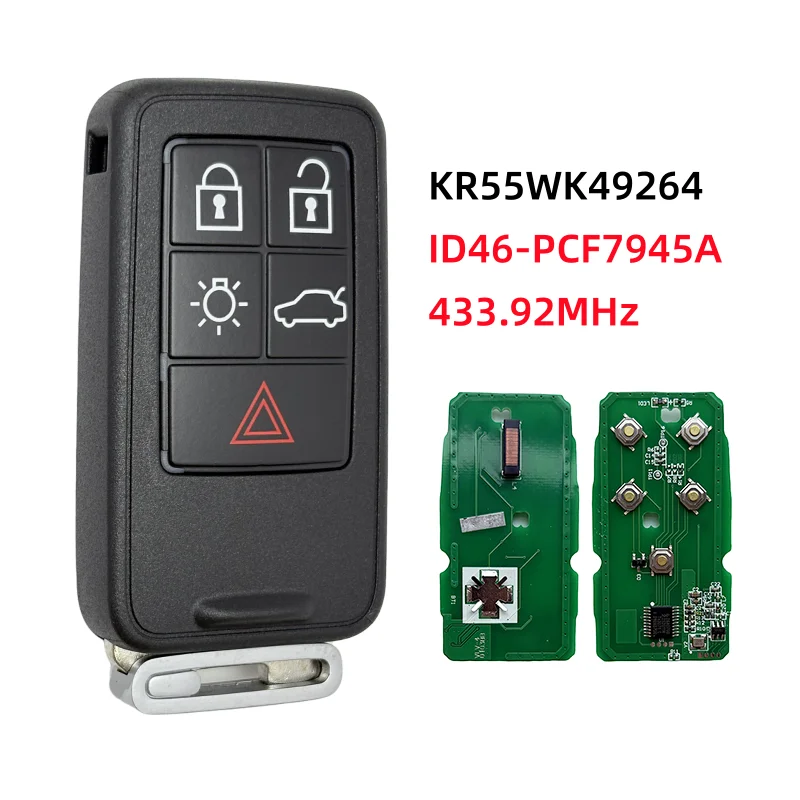 Автомобильный брелок 433 МГц FSK FCCID KR55WK49264 для Volvo V40 V60 S80 XC70 XC60 S60 S60L ID46 PCF7945A/7953A 5 кнопок умный дистанционный ключ
Автомобильный брелок 433 МГц FSK FCCID KR55WK49264 для Volvo V40 V60 S80 XC70 XC60 S60 S60L ID46 PCF7945A/7953A 5 кнопок умный дистанционный ключ