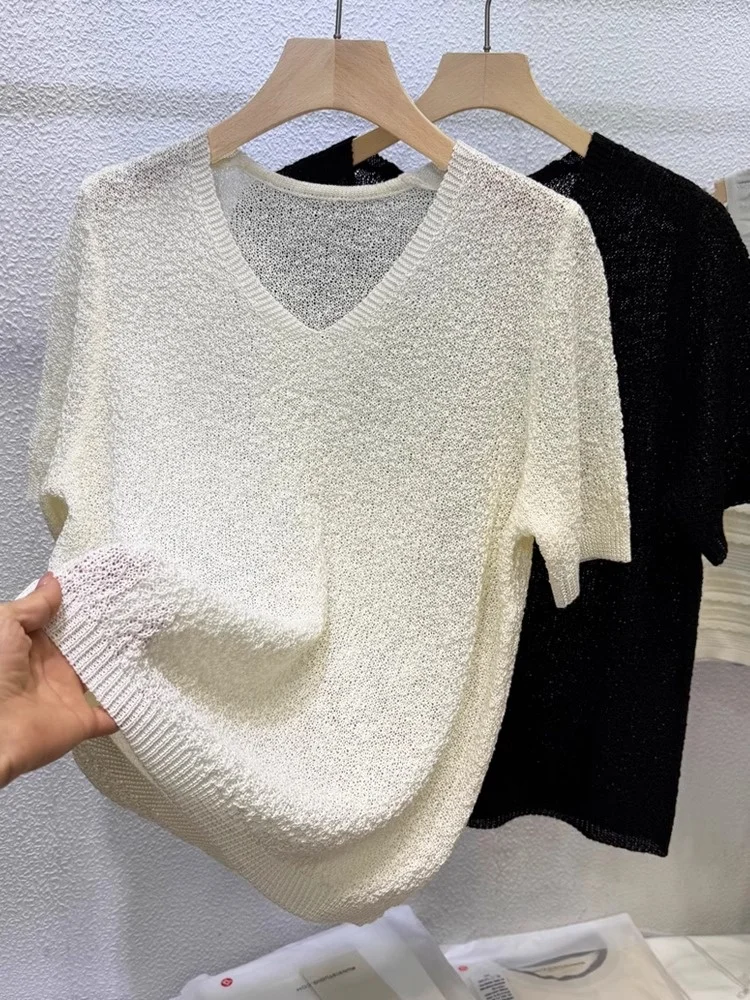 Korean Sle V-Ne Hollow ort Sve Knitted Top Women Loose Summer New Simple Faion High-End Feeling Upper Body
Korean Sle V-Ne Hollow ort Sve Knitted Top Women Loose Summer New Simple Faion High-End Feeling Upper Body