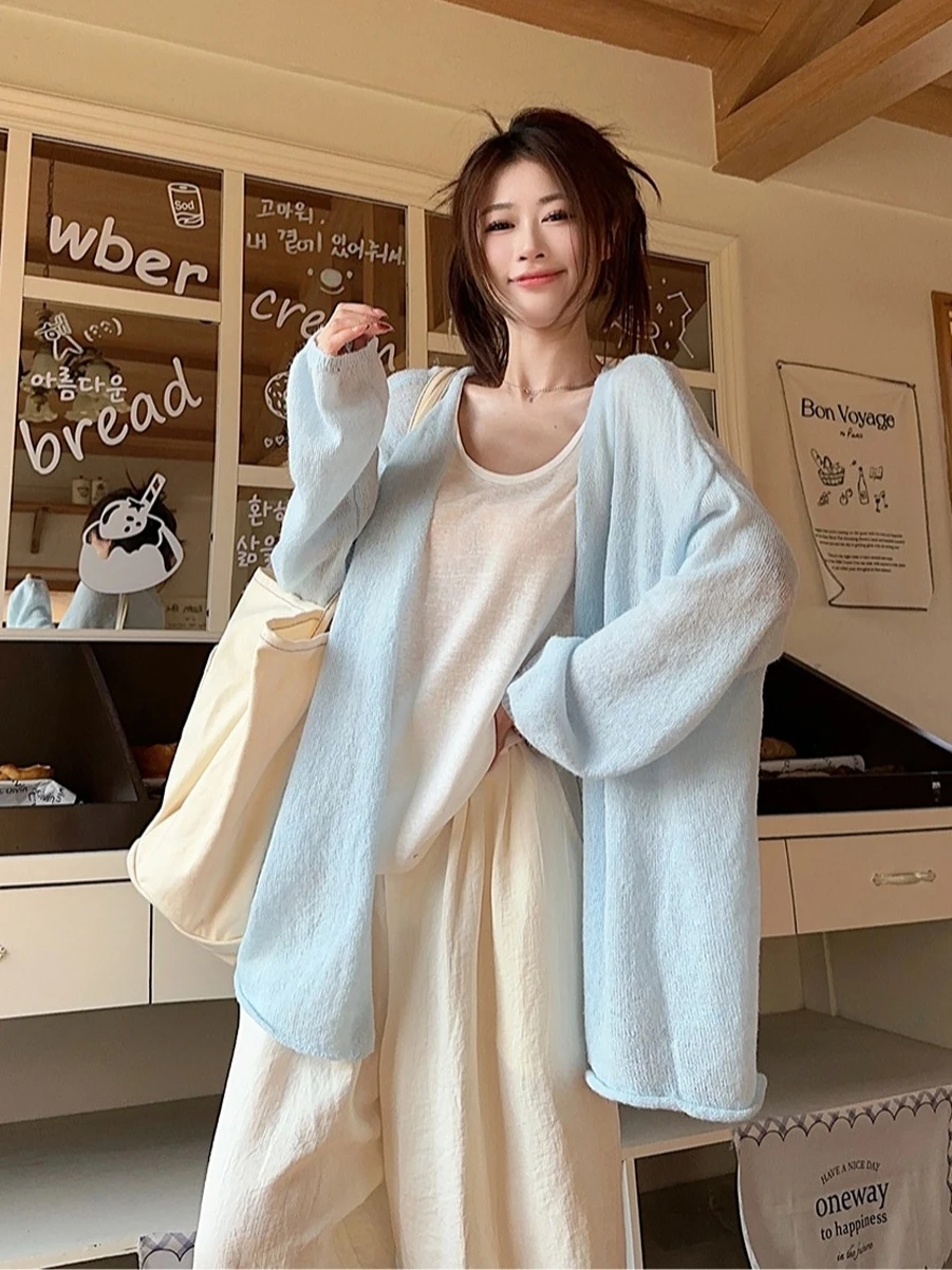 Blue Knitted Open Cardigan Women's Spring Autumn Thin Soft Long Sve Loose Casual Slimming Outerwear Comfortable Korean Sle
Blue Knitted Open Cardigan Women's Spring Autumn Thin Soft Long Sve Loose Casual Slimming Outerwear Comfortable Korean Sle