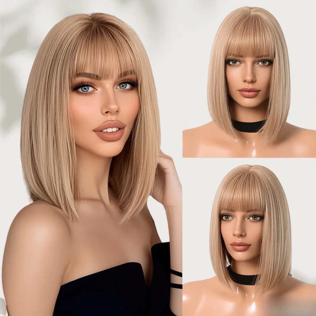 Champagne Brown Short Straight Bob Wig for Women European American Style Bangs Heat Resistant Synthetic Natural Full Wig
Champagne Brown Short Straight Bob Wig for Women European American Style Bangs Heat Resistant Synthetic Natural Full Wig
