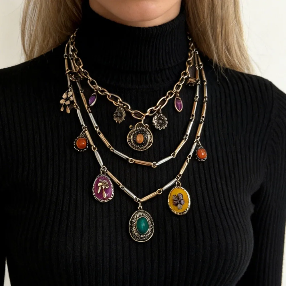 Роскошное многослойное ожерелье в этническом стиле с цветными камнями и подвесками для женщин, цепочка-колье для ношения поверх одежды
Роскошное многослойное ожерелье в этническом стиле с цветными камнями и подвесками для женщин, цепочка-колье для ношения поверх одежды