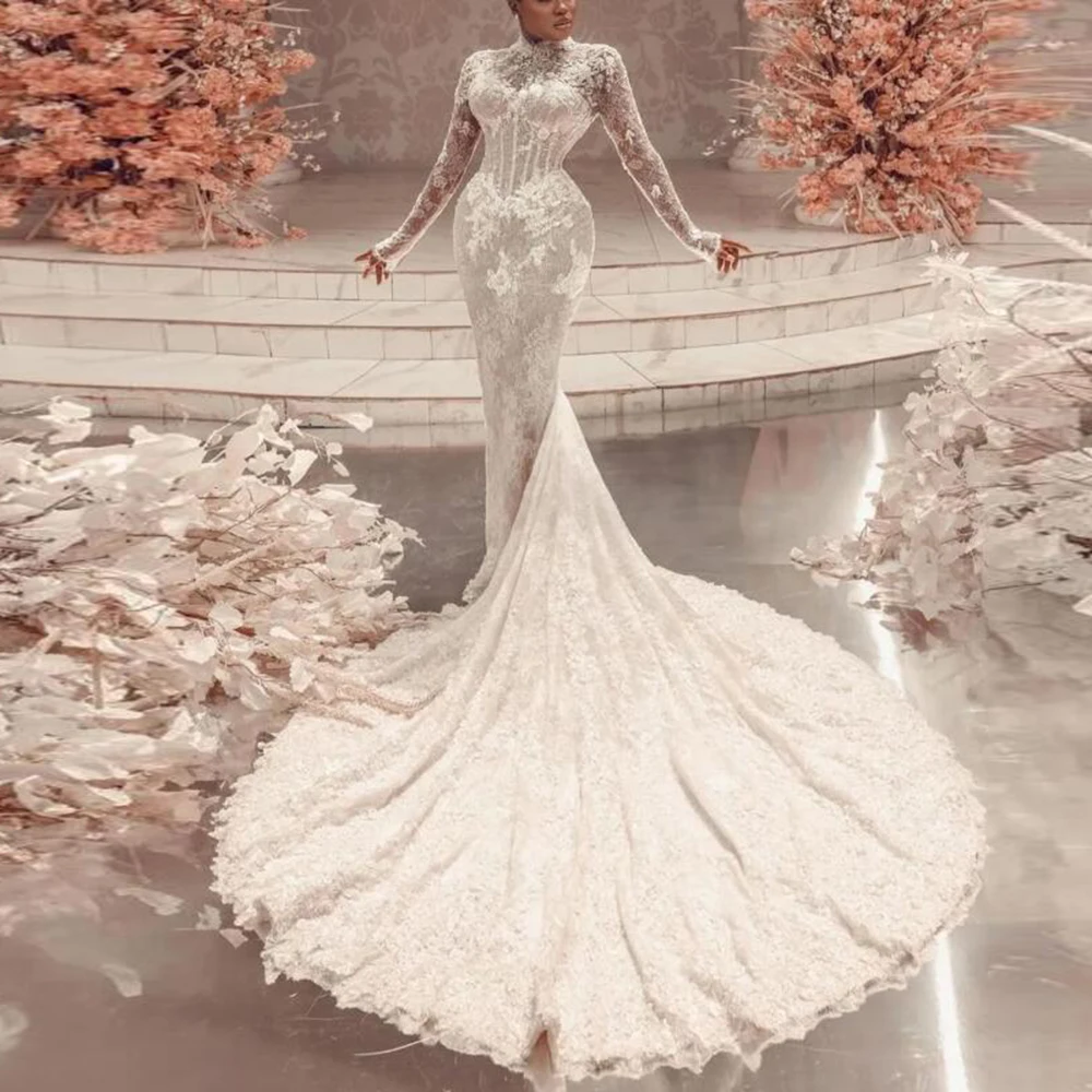 Graceful Lace Mermaid Wedding Dress High Neck Bridal Gowns Long Sleeve Sweep Train Bride Dresses Customized Vestido de novia
Graceful Lace Mermaid Wedding Dress High Neck Bridal Gowns Long Sleeve Sweep Train Bride Dresses Customized Vestido de novia