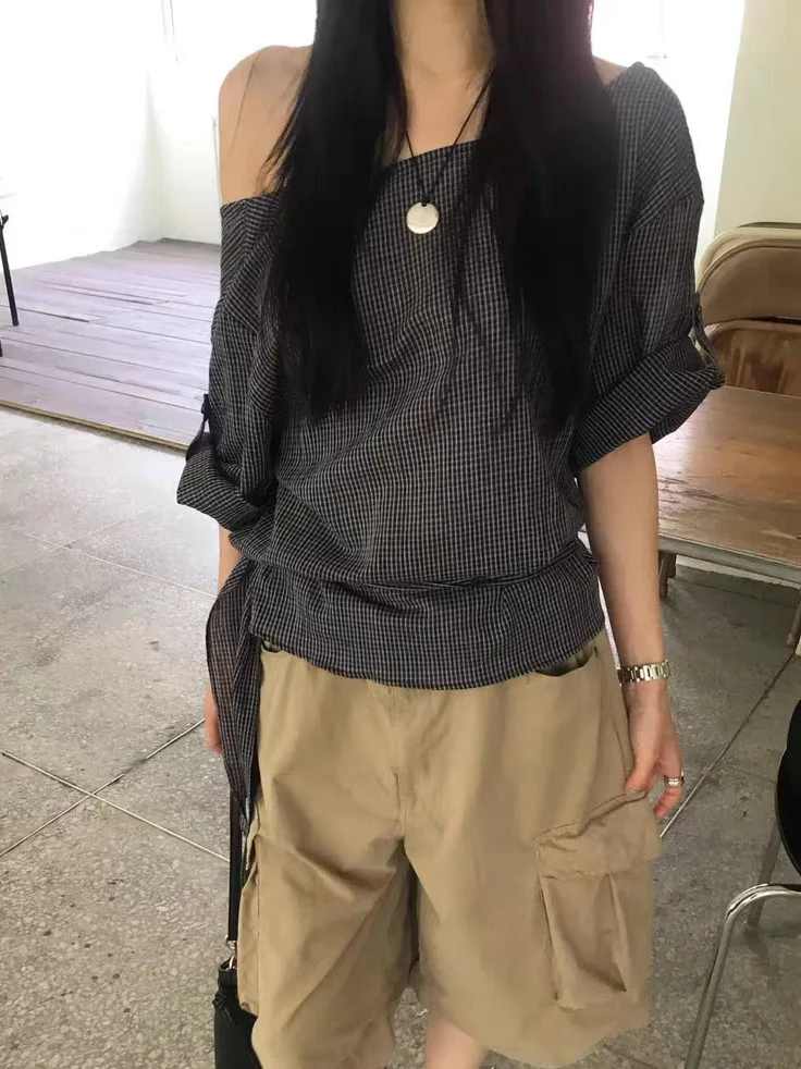 Pure Desire Design Sense Knot Shoulder Top Summer New Style Women's Plaid Short Sleeve Shirt Backless Overhead Cotton Blend
Pure Desire Design Sense Knot Shoulder Top Summer New Style Women's Plaid Short Sleeve Shirt Backless Overhead Cotton Blend