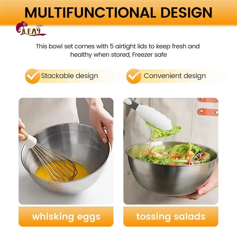 AEA9-5 Pcs Mixing Bowl,Stainless Steel Stackable Salad Bowl With Airtight Lid,Serving Bowl For Kitchen Cooking Baking,Etc
AEA9-5 Pcs Mixing Bowl,Stainless Steel Stackable Salad Bowl With Airtight Lid,Serving Bowl For Kitchen Cooking Baking,Etc