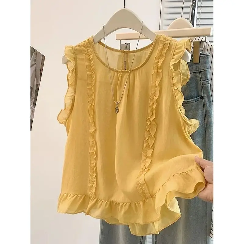 Thin Tank Tops Wood Ear Lace Design Loose Casual Korean Style Sleeveless Age Reduction Shirts 2026 Summer Sale Women Clothing
Thin Tank Tops Wood Ear Lace Design Loose Casual Korean Style Sleeveless Age Reduction Shirts 2026 Summer Sale Women Clothing