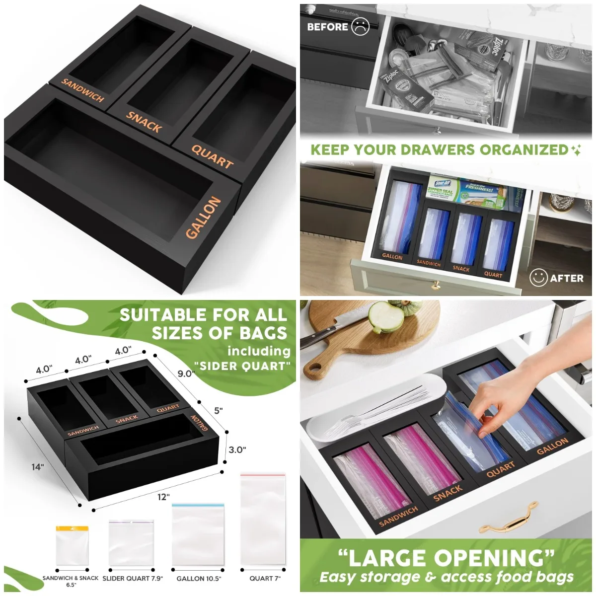 Бамбуковый органайзер для кухонных ящиков для 4 пакетов для хранения продуктов питания, черный дозатор для мешков для галлонов, закусок, сэндвичей и литров
Бамбуковый органайзер для кухонных ящиков для 4 пакетов для хранения продуктов питания, черный дозатор для мешков для галлонов, закусок, сэндвичей и литров