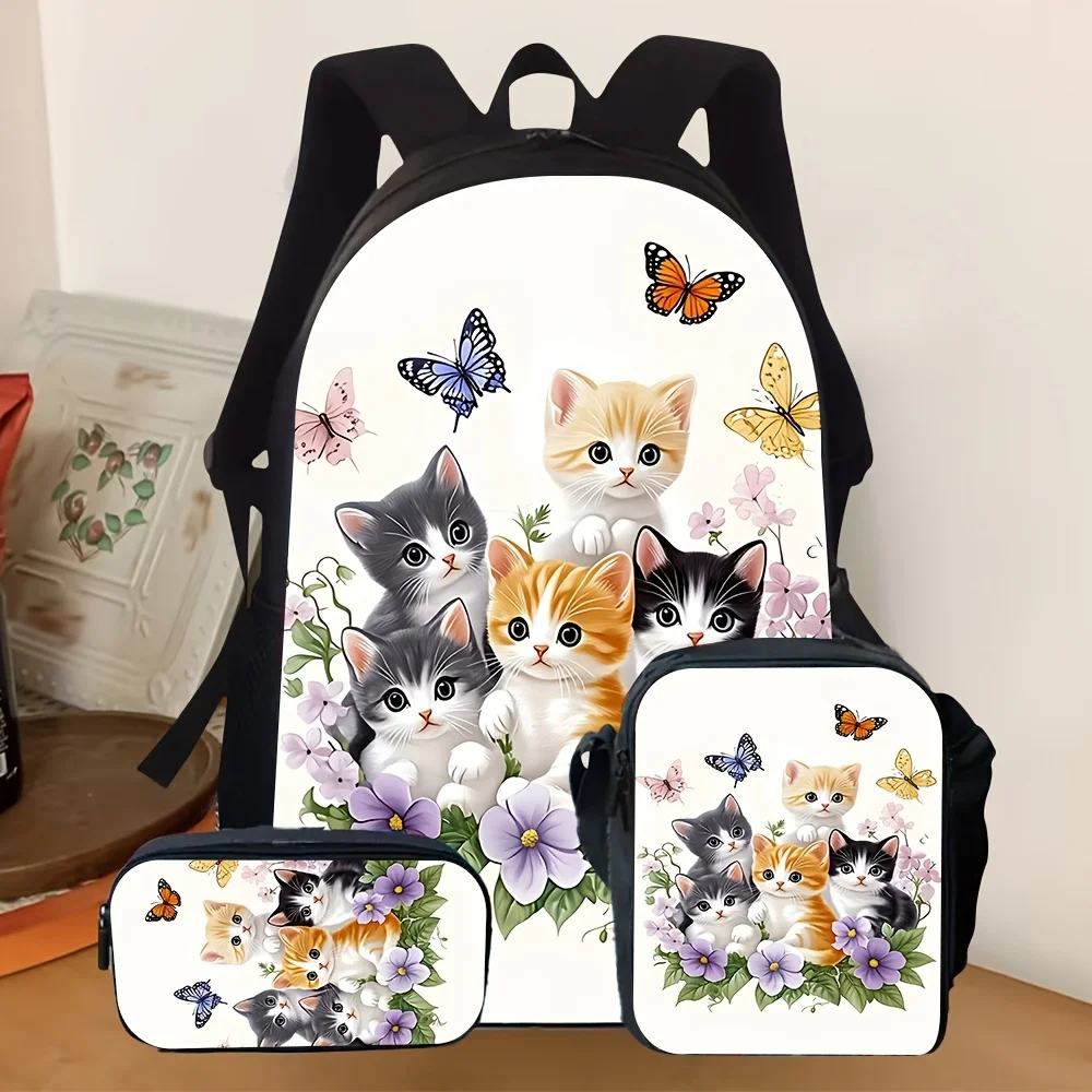 3pcs School Backpack Set Featuring a Cute Kitten And Butterfly Floral Design, Including a Lunch Bag And Pencil Case, Perfect for
3pcs School Backpack Set Featuring a Cute Kitten And Butterfly Floral Design, Including a Lunch Bag And Pencil Case, Perfect for