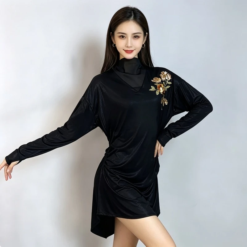 Women Latin Dance Dress Black Sequin Floral Long Sleeve V-Neck Mesh Mock Neck Salsa Cha Cha Practice Costume Dancewear top
Women Latin Dance Dress Black Sequin Floral Long Sleeve V-Neck Mesh Mock Neck Salsa Cha Cha Practice Costume Dancewear top