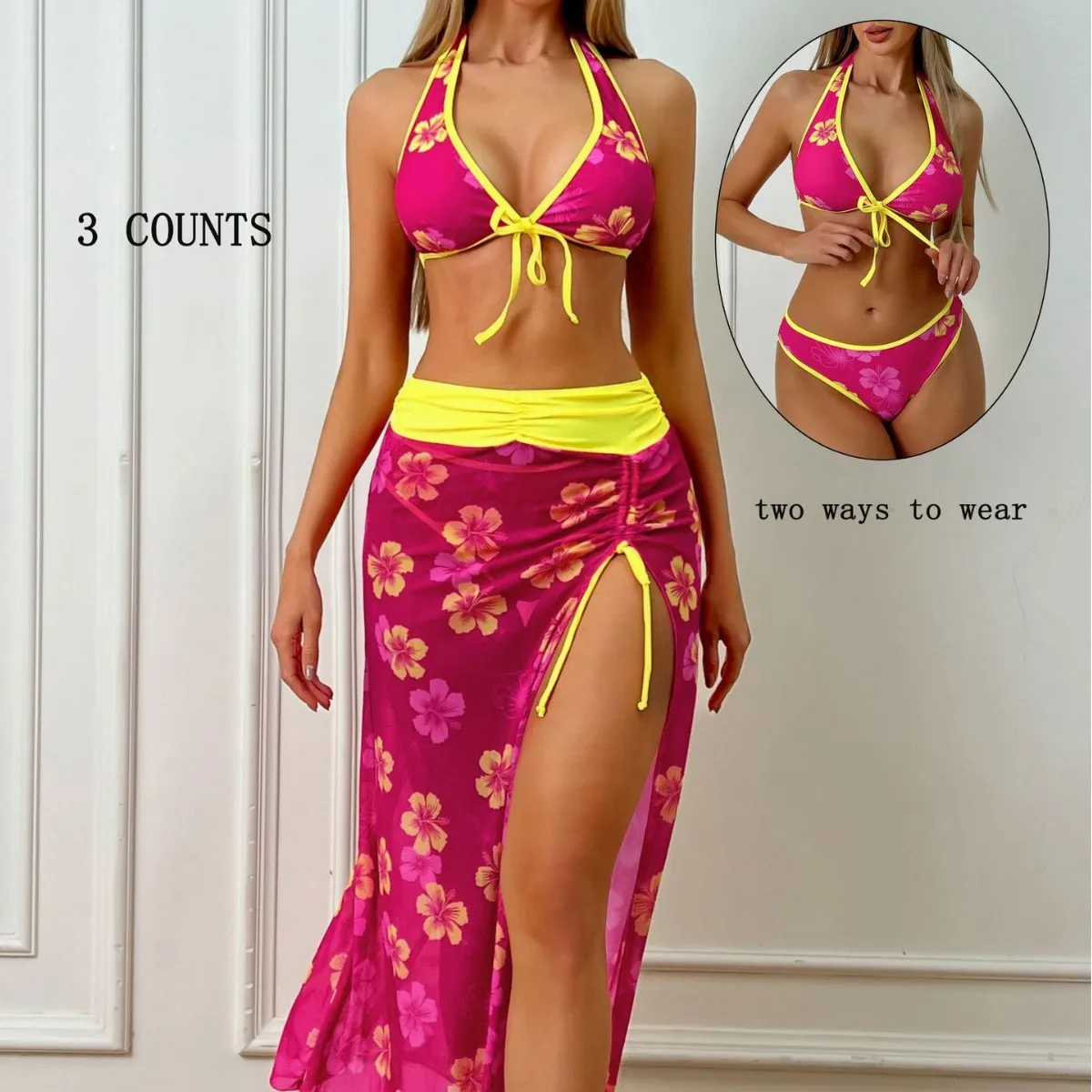 European and American Fashion New Sexy Neck Yellow Edge Lace-up Halter Flower Skirt Slim Three-piece Bikini Swimsuit TK428
European and American Fashion New Sexy Neck Yellow Edge Lace-up Halter Flower Skirt Slim Three-piece Bikini Swimsuit TK428