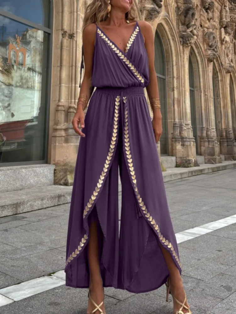 Summer Vintage Gold Ribbon Border High Waist Jumpsuits Elegant Sexy V Neck Loose Suspender Casual Sleeveless Streetwear Romper
Summer Vintage Gold Ribbon Border High Waist Jumpsuits Elegant Sexy V Neck Loose Suspender Casual Sleeveless Streetwear Romper