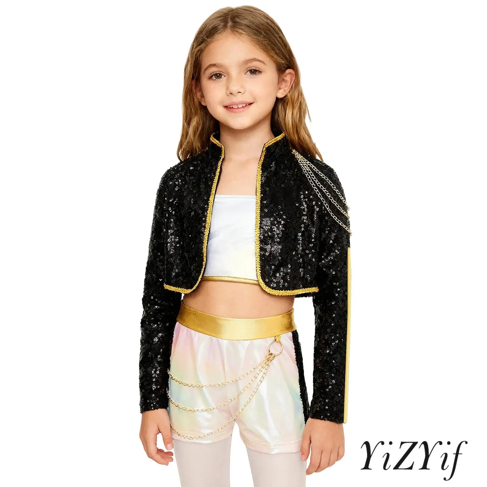 Girls 3Pcs Demon Cosplay Singer Outfit Adjustable Shoulder Straps Crop Top Long Sleeve Sequins Outer Wear And Waist Chain Shorts
Girls 3Pcs Demon Cosplay Singer Outfit Adjustable Shoulder Straps Crop Top Long Sleeve Sequins Outer Wear And Waist Chain Shorts