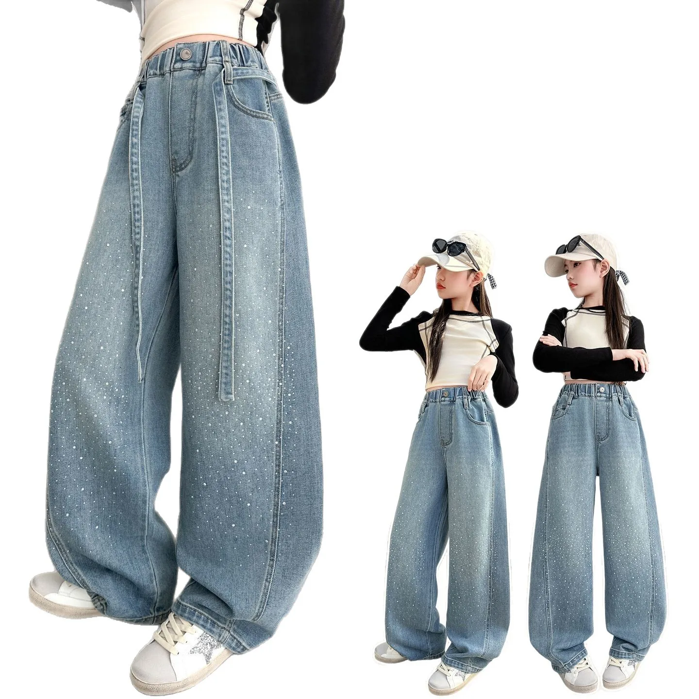 Girls Spring Curved Knife Jeans with Rhinestone Kids Wide Leg Denim Pants Autumn Fashionable Children's Stylish Style Trousers
Girls Spring Curved Knife Jeans with Rhinestone Kids Wide Leg Denim Pants Autumn Fashionable Children's Stylish Style Trousers