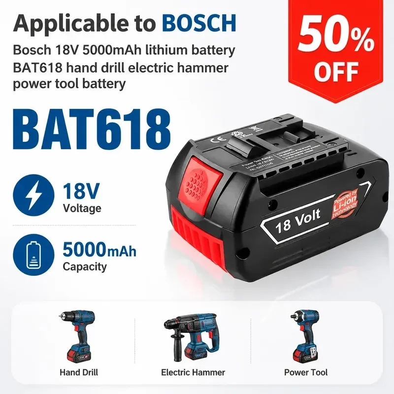 18V 5.0Ah Replacement Battery for BOSCH BAT618 Cordless Drill Hammer Power Tools
18V 5.0Ah Replacement Battery for BOSCH BAT618 Cordless Drill Hammer Power Tools