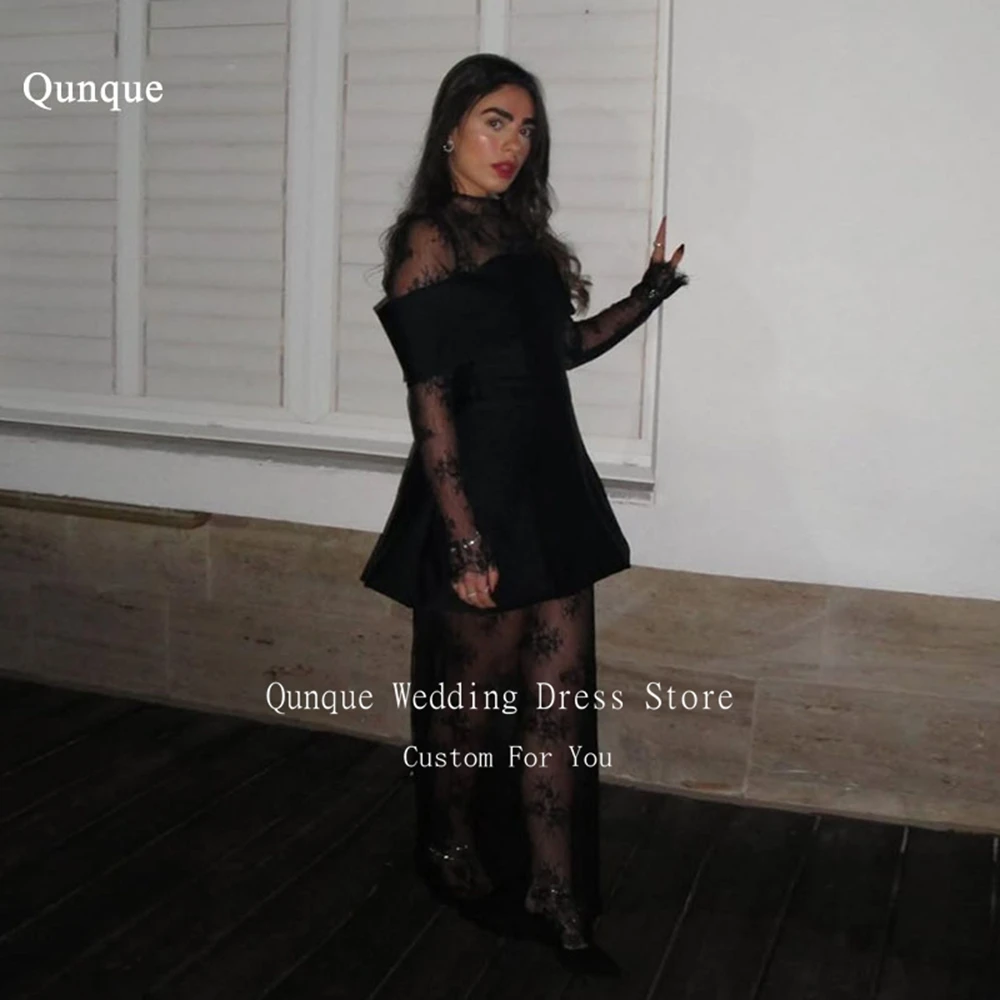 Qunque Elegant Prom Dresses Sheer Long Sleeves Black Evening Dresses Women High Neck Illusion Lace Party Gown Club Customized
Qunque Elegant Prom Dresses Sheer Long Sleeves Black Evening Dresses Women High Neck Illusion Lace Party Gown Club Customized