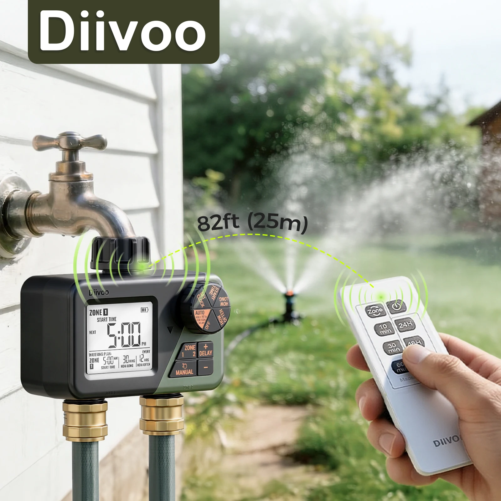 Diivoo RF Remote Controlled Water Timer 2 Zone Programmable Garden Hose Timers with Large Display, Rain Delay & Manual Watering
Diivoo RF Remote Controlled Water Timer 2 Zone Programmable Garden Hose Timers with Large Display, Rain Delay & Manual Watering