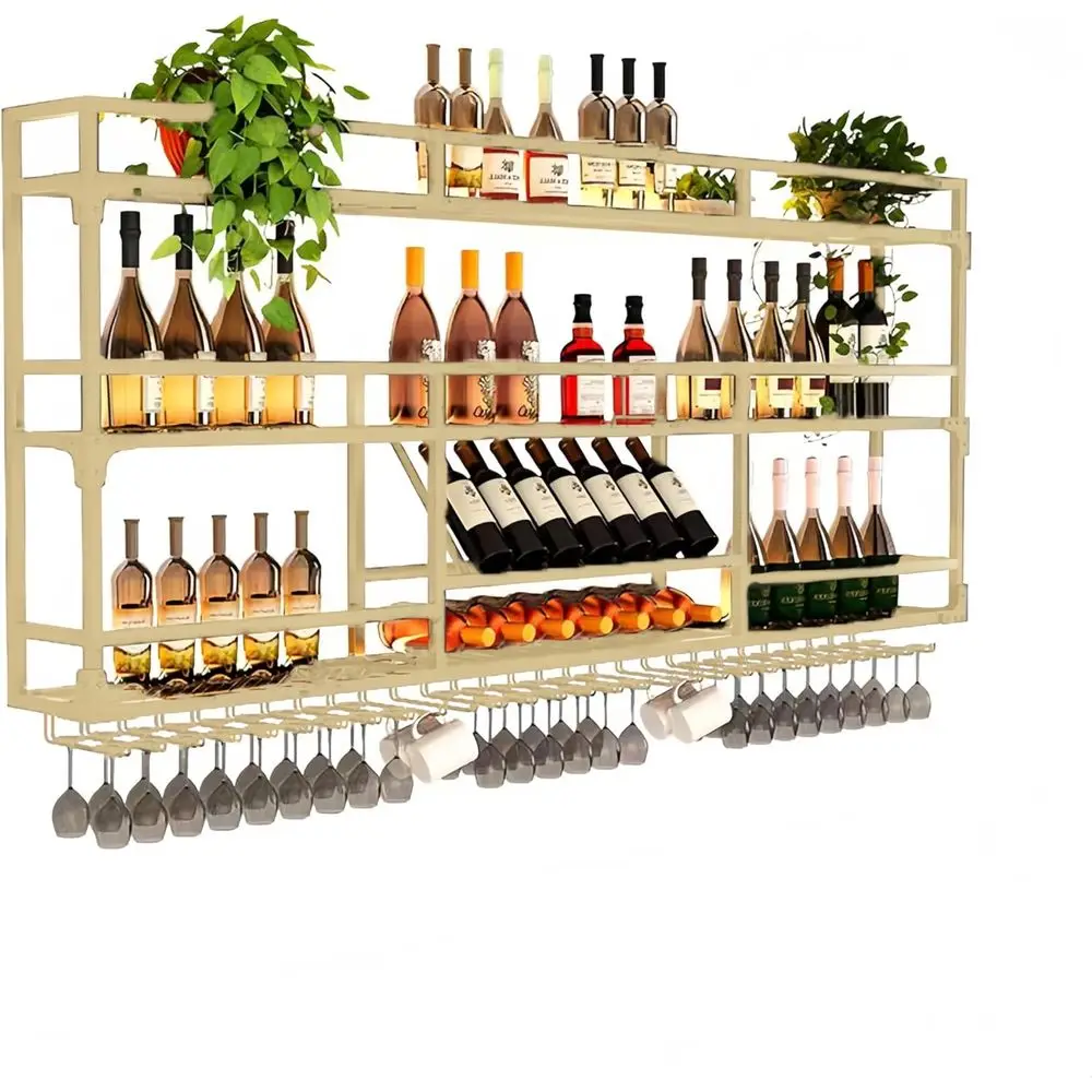 Gold 3-Tier Wall-Mounted Wine Rack with LED Light, Glass Holder, and Space-Saving Design for Home Bar or Dining Area
Gold 3-Tier Wall-Mounted Wine Rack with LED Light, Glass Holder, and Space-Saving Design for Home Bar or Dining Area