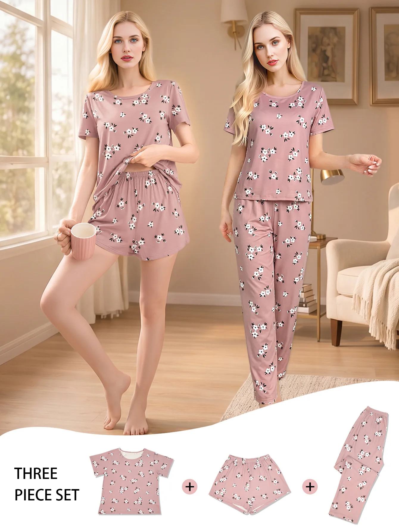 Women's three-piece pajamas flower print casual short-sleeved shorts pants suit ladies home clothes can be worn outside.
Women's three-piece pajamas flower print casual short-sleeved shorts pants suit ladies home clothes can be worn outside.