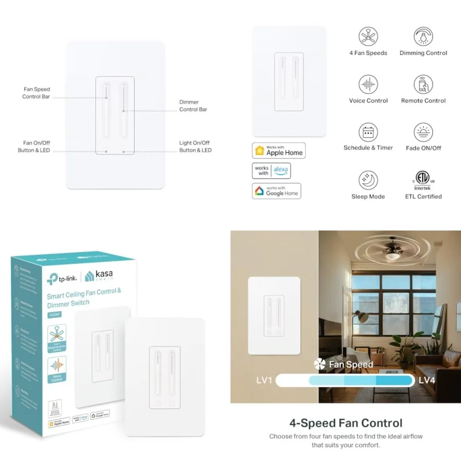 Ceiling Fan Control and Dimmer Switch Adjustable 4-Speed Fan and Brightness Control Works w/Apple HomeKit, Alexa and Google Hom
Ceiling Fan Control and Dimmer Switch Adjustable 4-Speed Fan and Brightness Control Works w/Apple HomeKit, Alexa and Google Hom