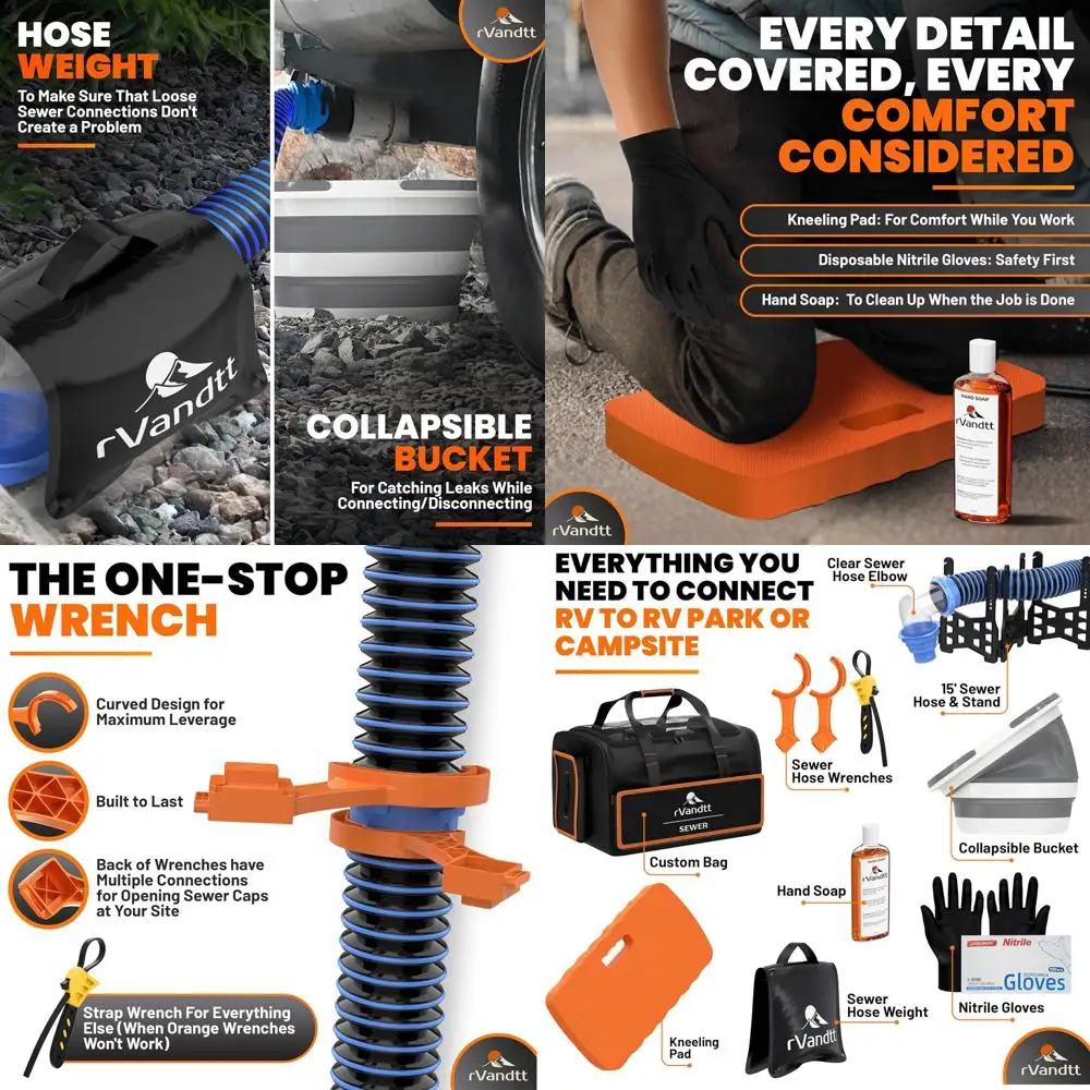 Комплект аксессуаров для канализации на колесах — канализационный шланг длиной 15 футов с адаптером 4 в 1, подставкой, складное ведро, нитриловыми перчатками, ручным очистителем, гаечными ключами, Kn
Комплект аксессуаров для канализации на колесах — канализационный шланг длиной 15 футов с адаптером 4 в 1, подставкой, складное ведро, нитриловыми перчатками, ручным очистителем, гаечными ключами, Kn