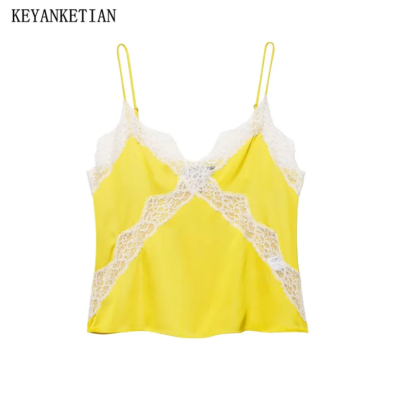 KEYANKETIAN Summer New Women's V-neck Lace Lace Splicing Contrast Embroidered Strap Top Women Tank Top
KEYANKETIAN Summer New Women's V-neck Lace Lace Splicing Contrast Embroidered Strap Top Women Tank Top