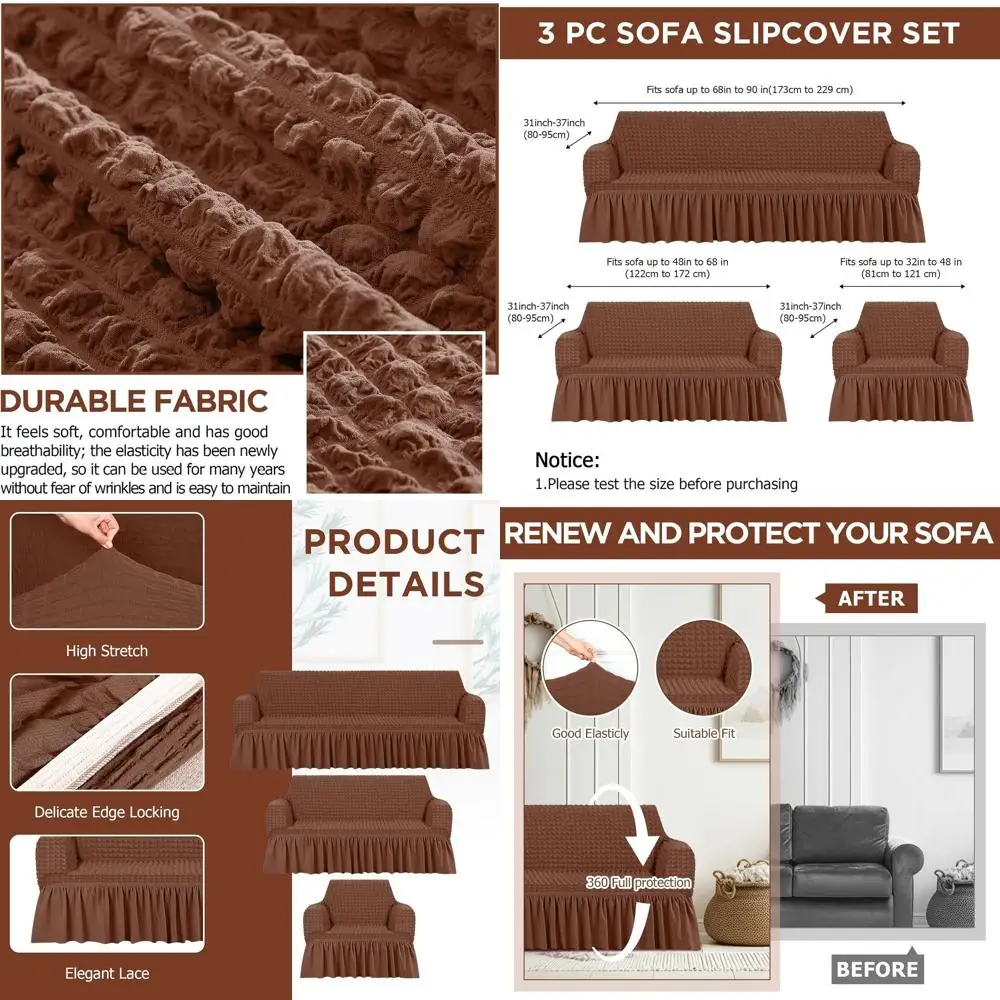 Brown Seersucker 3-Piece Sofa Slipcover Set with Stretchable Elastic and Washable Couch Cover for Sofa, Loveseat, and Armchair
Brown Seersucker 3-Piece Sofa Slipcover Set with Stretchable Elastic and Washable Couch Cover for Sofa, Loveseat, and Armchair