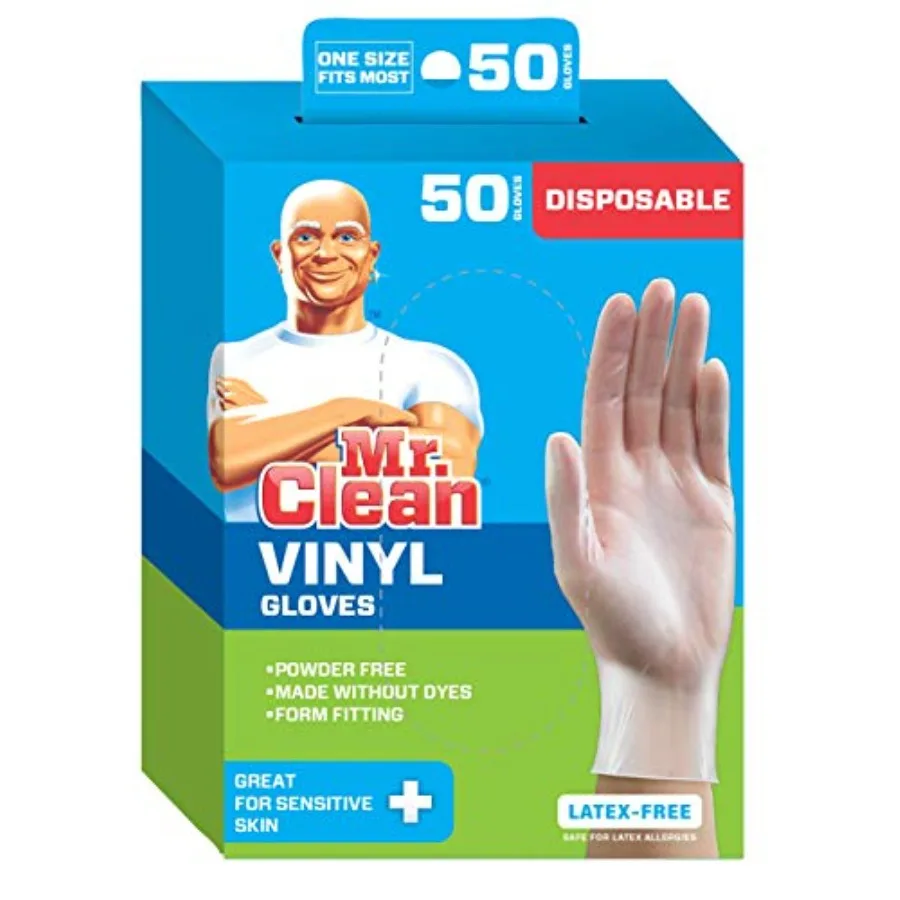 Mr. Clean Disposable Vinyl Gloves, 50 Count Pack of 1
Mr. Clean Disposable Vinyl Gloves, 50 Count Pack of 1