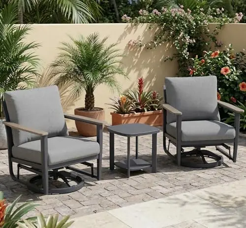 Grey Aluminum Outdoor 3-Piece Swivel Rocking Chair Set With Thick Cushions And Side Table
Grey Aluminum Outdoor 3-Piece Swivel Rocking Chair Set With Thick Cushions And Side Table