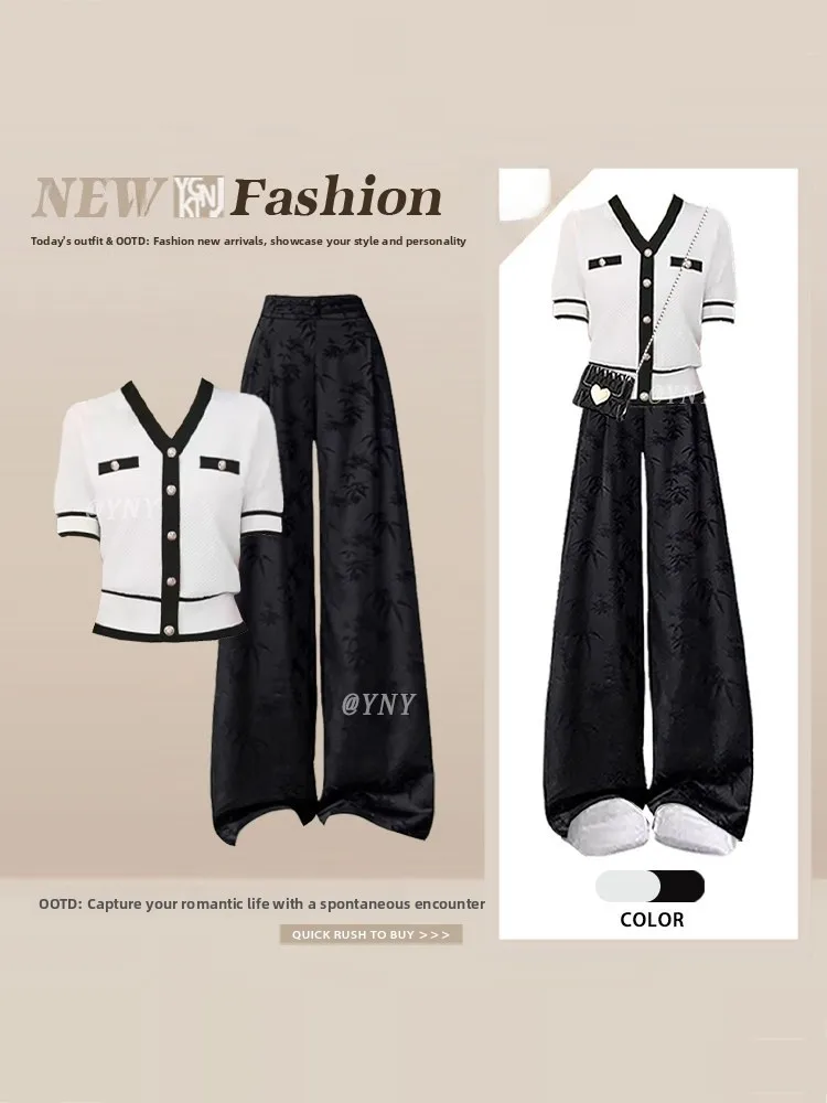 Fashionable Summer Two-Piece Set V-Neck Single-BUTTON Open Cardigan Short Sleeve High Waist Casual Pants Contrast Color Design
Fashionable Summer Two-Piece Set V-Neck Single-BUTTON Open Cardigan Short Sleeve High Waist Casual Pants Contrast Color Design