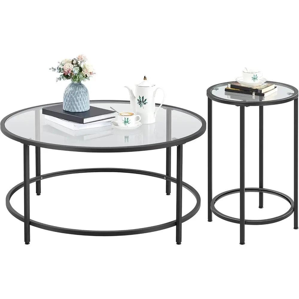 2-Piece Coffee and Accent Table Set with Black Tempered Glass Top and Metal Legs for Living Rooms, Apartments, and Small Spaces
2-Piece Coffee and Accent Table Set with Black Tempered Glass Top and Metal Legs for Living Rooms, Apartments, and Small Spaces