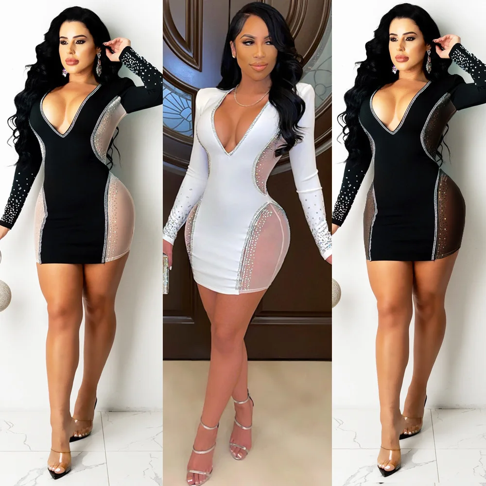 Women's mesh yarn hot diamond perspective slim-fitting splicing long-sleeved women's dress temperament is thin, high-end luxury
Women's mesh yarn hot diamond perspective slim-fitting splicing long-sleeved women's dress temperament is thin, high-end luxury