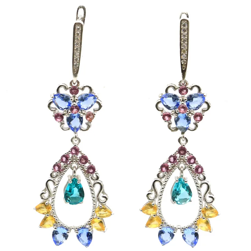 925 Solid Sterling Silver Earrings 55x20mm Long 8.3g Multi Color Blue Aquamarine Red Blood Ruby Tourmaline CZ For Ladies
925 Solid Sterling Silver Earrings 55x20mm Long 8.3g Multi Color Blue Aquamarine Red Blood Ruby Tourmaline CZ For Ladies