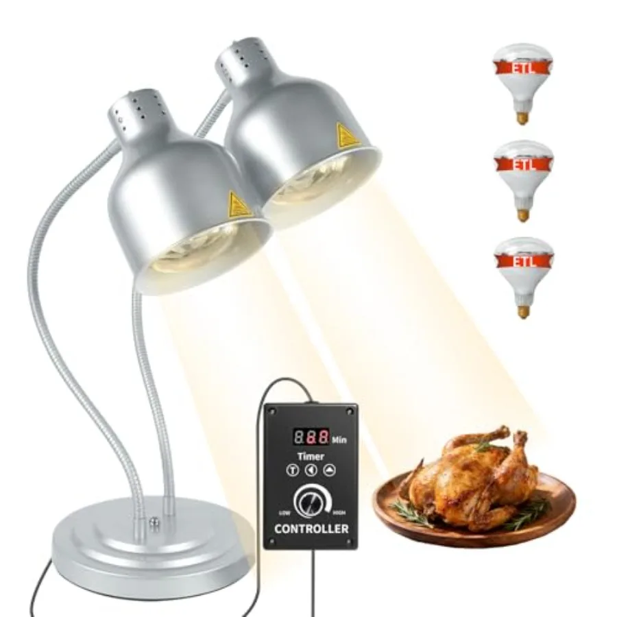 Commercial Dual-Head Food Heat Lamp, 500W ETL Certified Stainless Steel Silver Adjustable Temperature Timer Heat Light for Buff
Commercial Dual-Head Food Heat Lamp, 500W ETL Certified Stainless Steel Silver Adjustable Temperature Timer Heat Light for Buff
