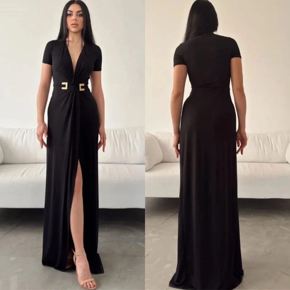 Customized Sexy Deep V-Neck Prom Dresses Simple Jersey Evening Dress Classic Front Slit Short Sleeves Bespoke Occasion Gowns
Customized Sexy Deep V-Neck Prom Dresses Simple Jersey Evening Dress Classic Front Slit Short Sleeves Bespoke Occasion Gowns