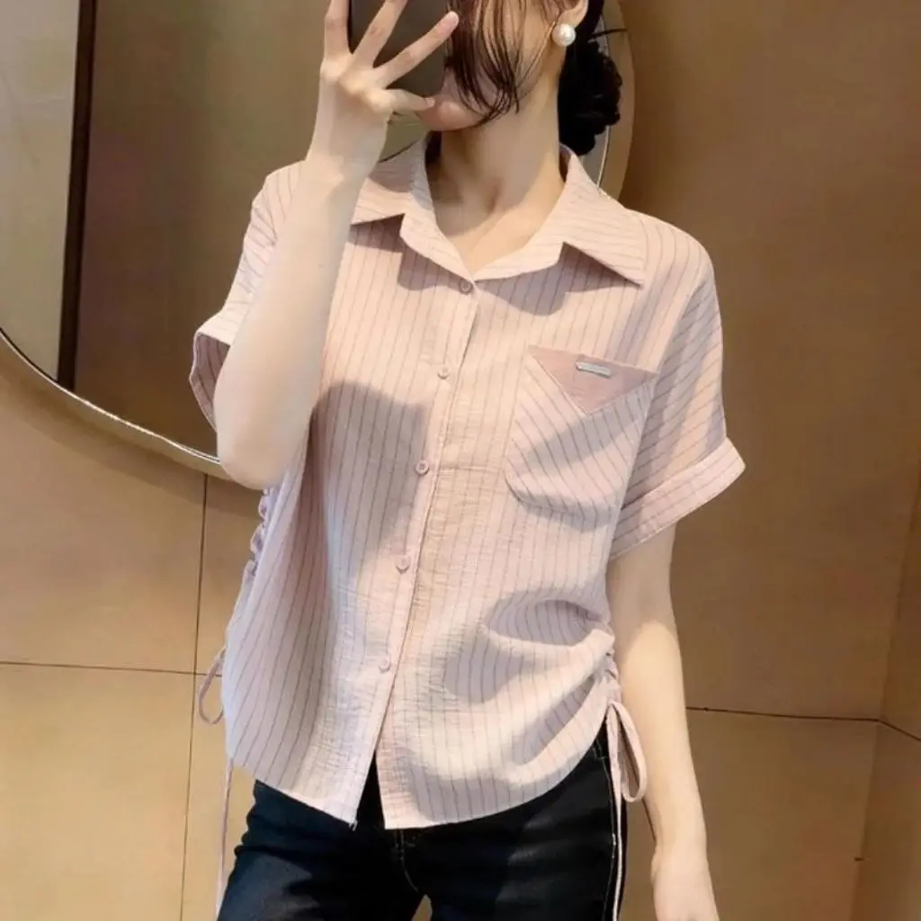 Slimming Effect plus Size Neck Striped Drawstring Pleated Women's Shirt Korean Style Loose Fit Summer Fashionable Top
Slimming Effect plus Size Neck Striped Drawstring Pleated Women's Shirt Korean Style Loose Fit Summer Fashionable Top