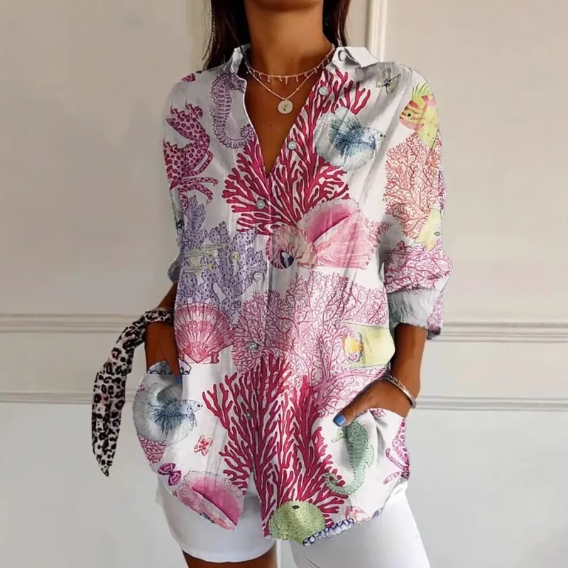 Women Summer Ocean Coral 3D Print Long Sleeve Button Down Linen Casual Loose Shirt With Pockets
Women Summer Ocean Coral 3D Print Long Sleeve Button Down Linen Casual Loose Shirt With Pockets