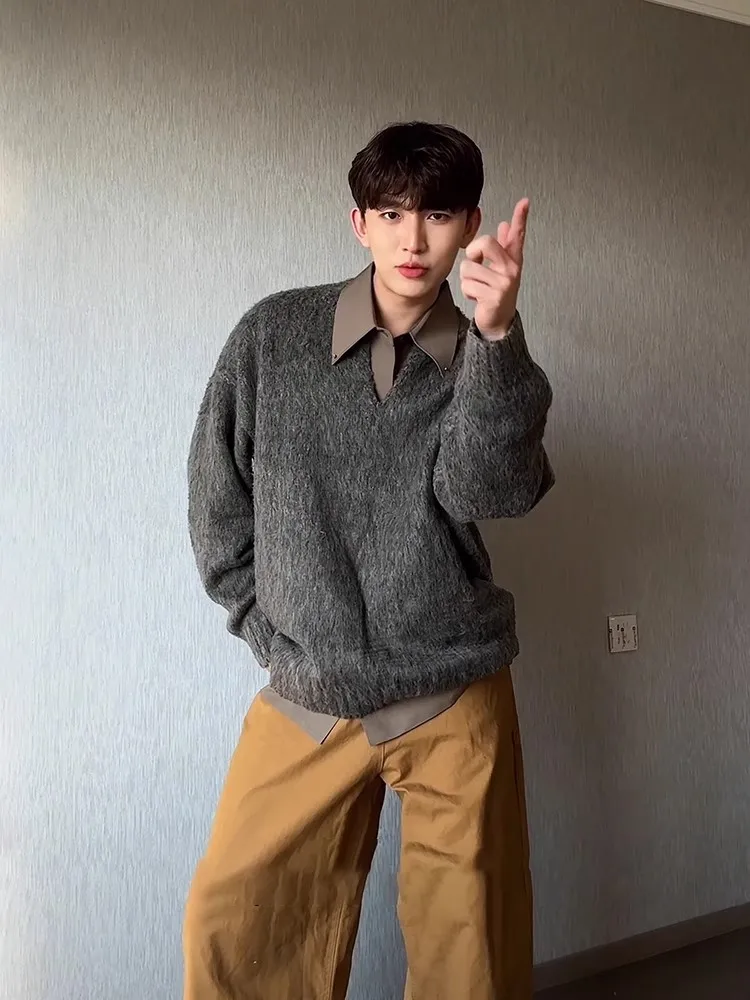 American Retro V-Ne Merino Wool Sweater Men's Spring Autumn Lazy Vintage ey Knitted Outerwear Loose Fit Long Sve
American Retro V-Ne Merino Wool Sweater Men's Spring Autumn Lazy Vintage ey Knitted Outerwear Loose Fit Long Sve