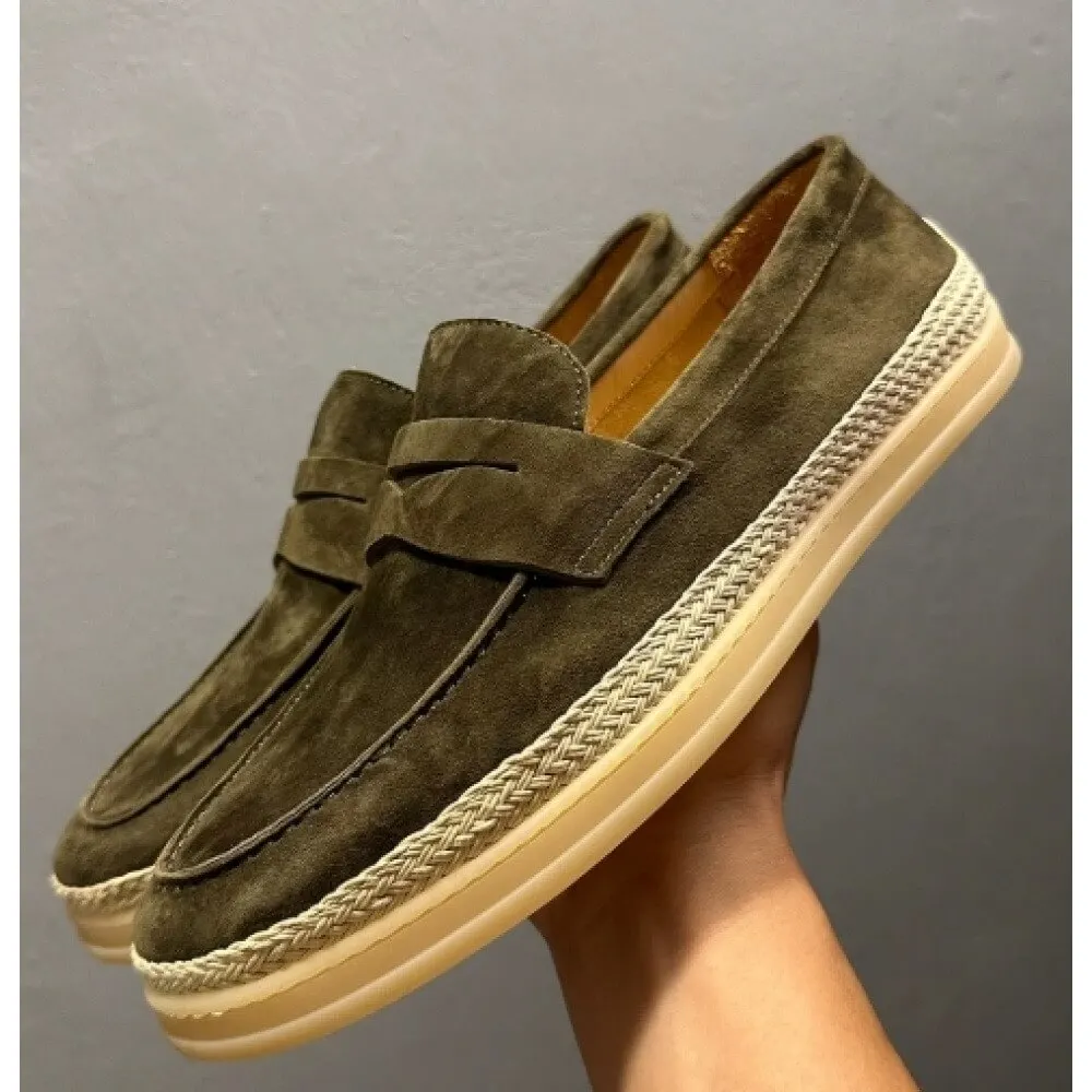 Army Green Suede Penny Loafers, with rope trim and off-white sole, stylish and comfortable,
Army Green Suede Penny Loafers, with rope trim and off-white sole, stylish and comfortable,