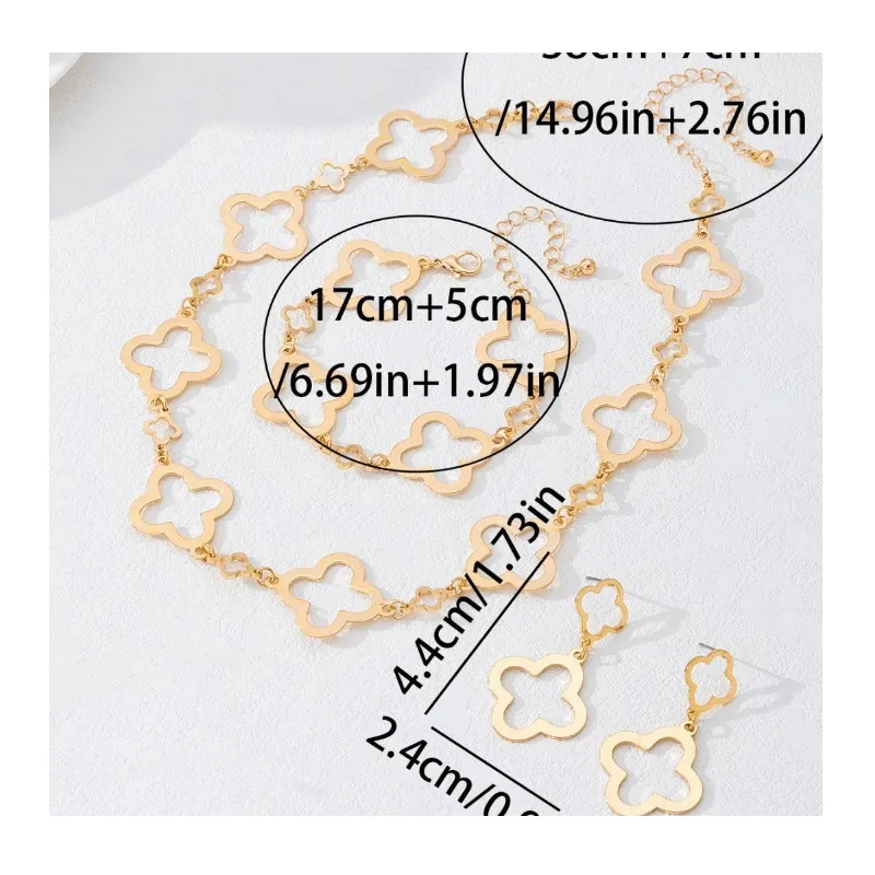 Niche Hollow Four-leaf Clover Flower Earrings, Necklace, Bracelet Set, Suitable for Women's Daily Party Wear
Niche Hollow Four-leaf Clover Flower Earrings, Necklace, Bracelet Set, Suitable for Women's Daily Party Wear