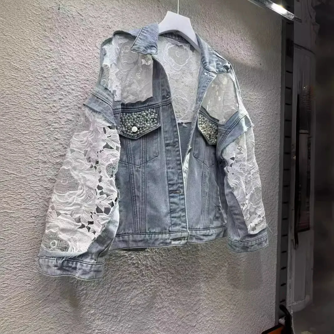 Spliced Embroidery Jacket Women Turn Down Collar Pearls Washed Denim Coats Single Breasted Loose Outerwear Basics Cardigan
Spliced Embroidery Jacket Women Turn Down Collar Pearls Washed Denim Coats Single Breasted Loose Outerwear Basics Cardigan