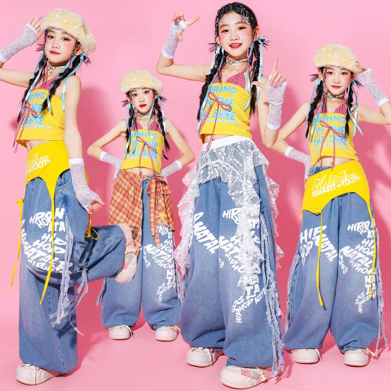 Girls Yellow Denim Girls Jazz Dance Outfits Y2K Crop Tops Wide Leg Pants Streetwear for Kids Hip Hop Stage Performance Wear
Girls Yellow Denim Girls Jazz Dance Outfits Y2K Crop Tops Wide Leg Pants Streetwear for Kids Hip Hop Stage Performance Wear
