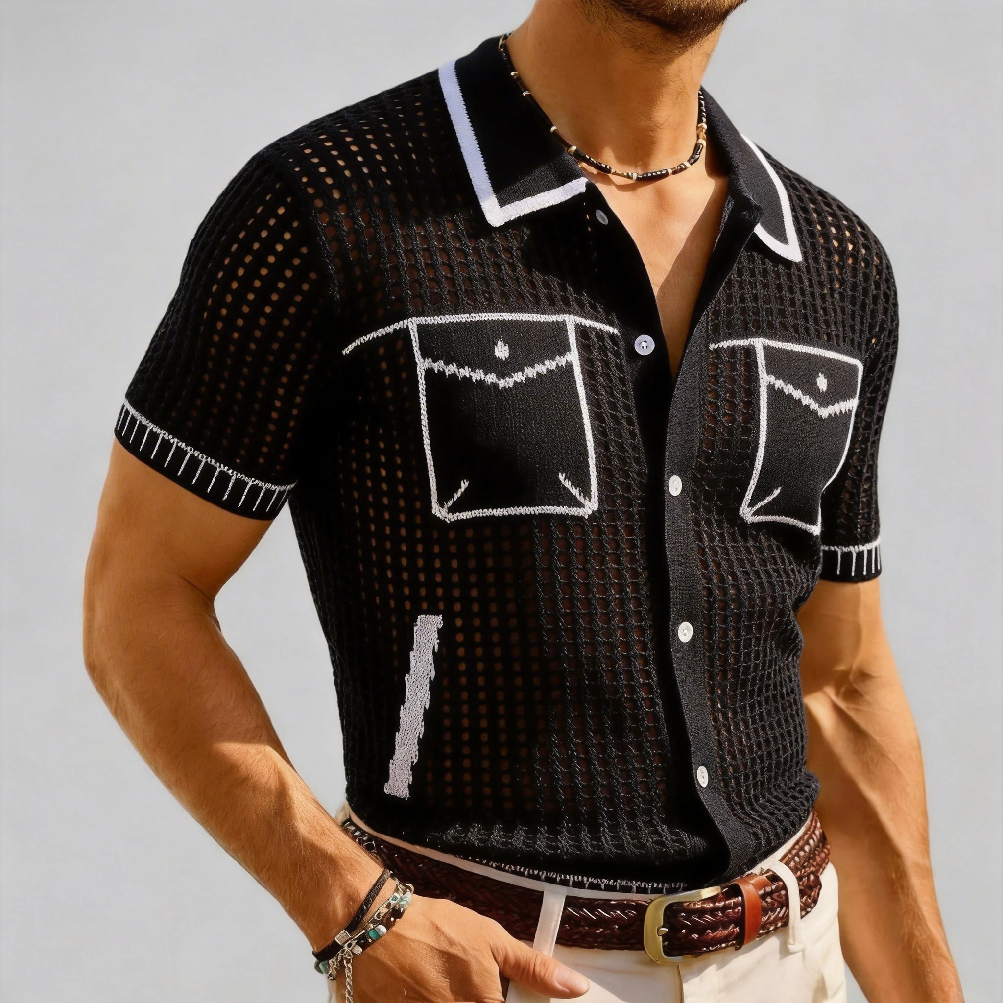 2026 New Men's Hollow Out Knit Shirt Short Sleeve Button Up Contrast Stitch Fake Pocket Summer Casual Shirt
2026 New Men's Hollow Out Knit Shirt Short Sleeve Button Up Contrast Stitch Fake Pocket Summer Casual Shirt