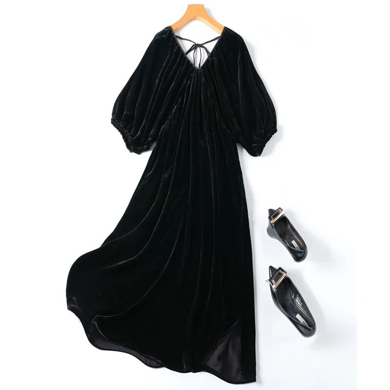 100% Mulberry Silk Lining Women Silk Velvet Midi Dress Black Color V Neck Comfortable Lantern Sleeve A-line Long Dress M1015
100% Mulberry Silk Lining Women Silk Velvet Midi Dress Black Color V Neck Comfortable Lantern Sleeve A-line Long Dress M1015