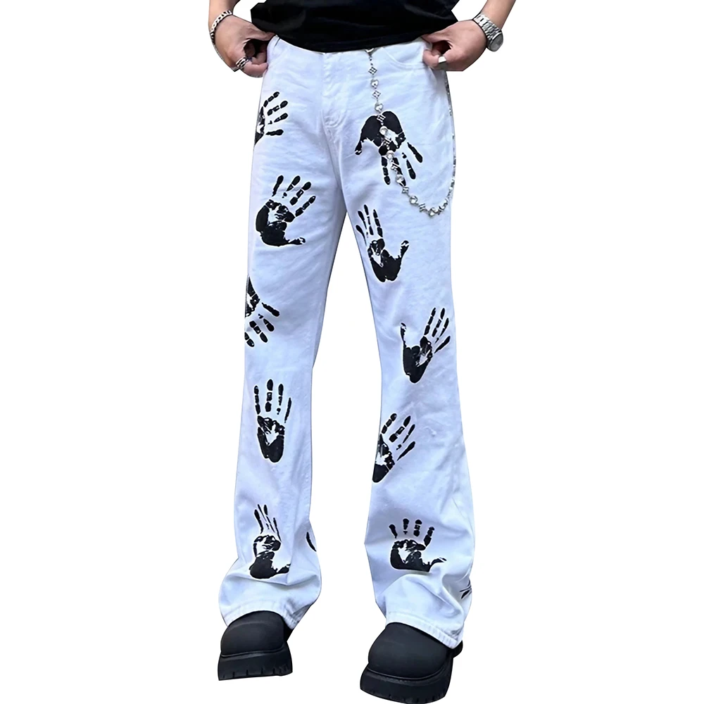 Men Palm Print Jeans White Denim Boot Cut Pants Fashion Flared Trousers with Chain 
Men Palm Print Jeans White Denim Boot Cut Pants Fashion Flared Trousers with Chain