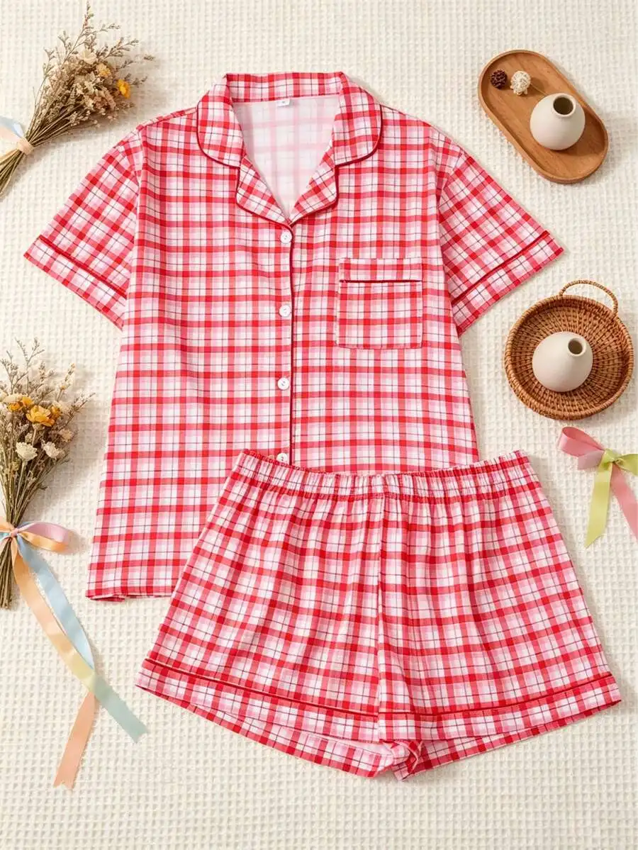 Womens Red Plaid Pajama Set Short Sleeve Button Shirt Elastic Waist Shorts
Womens Red Plaid Pajama Set Short Sleeve Button Shirt Elastic Waist Shorts