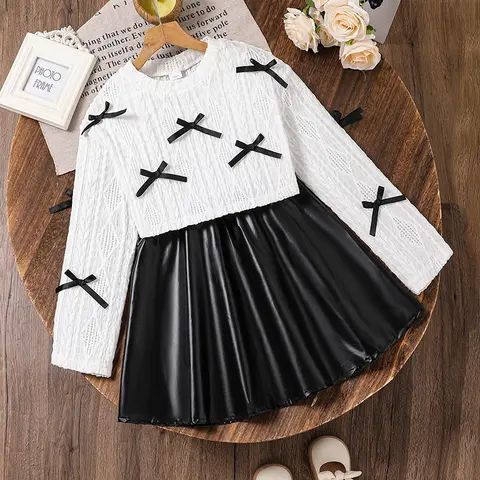 Girls Suit Autumn New 2PCS Solid Color White Bow O-Neck Long Sleeve Top & Black Skirt For Girls 8-12 Years Kids Fashion Outfit