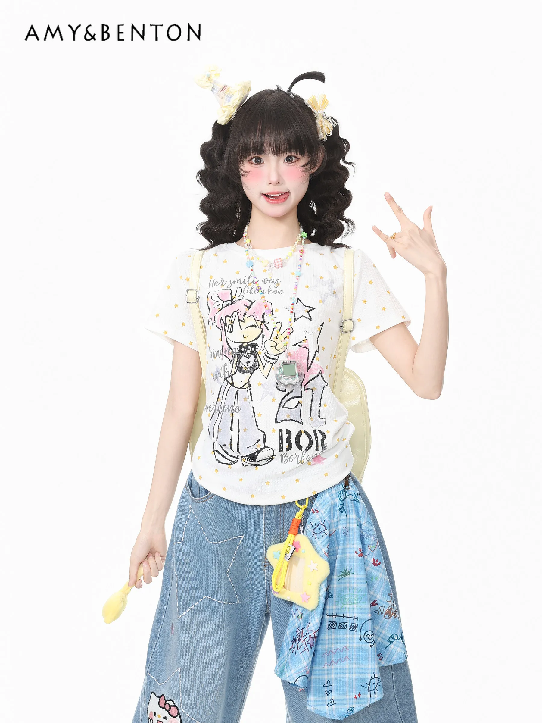 2026 Summer New Japanese Y2K Style Women's Cartoon Print Slim Fit Shoulder Pink Beige Round Neck Short Sleeve T-Shirt
2026 Summer New Japanese Y2K Style Women's Cartoon Print Slim Fit Shoulder Pink Beige Round Neck Short Sleeve T-Shirt